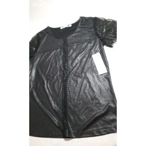 Womens Hannah Leather Look Black Top With Short Lace Sleeves Size M NWT